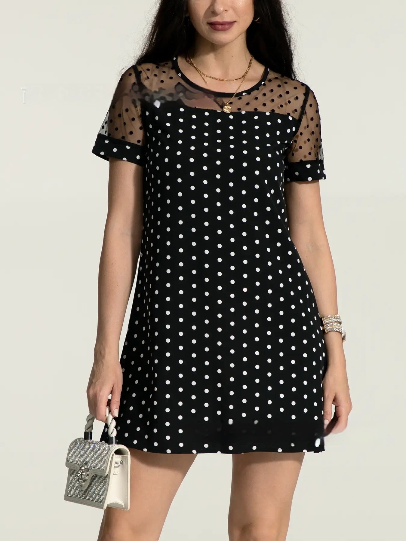 Polka Dot Lace Stitching Short Sleeve Round Neck Dress nyaabs.com