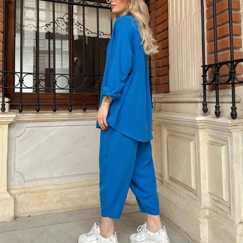 Independent Station Cross-border New Fashion Casual Suit Versatile Loose Shirt High Waist Skinny Pants Two-piece Set - Nyaabs