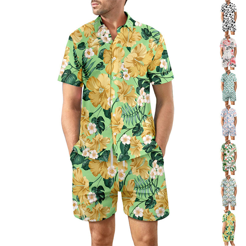 2Pcs Printed Beach Shirt Summer Suit Loose Lapel Button Top And Drawstring Pockets Shorts Casual Short Sleeve Suits For Men Clothing - Nyaabs