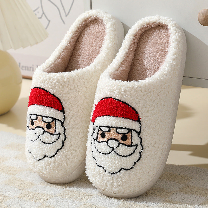 Christmas Home Slippers Cute Cartoon Santa Claus Cotton Slippers For Women And Men Couples Winter Warm Furry Shoes - Nyaabs