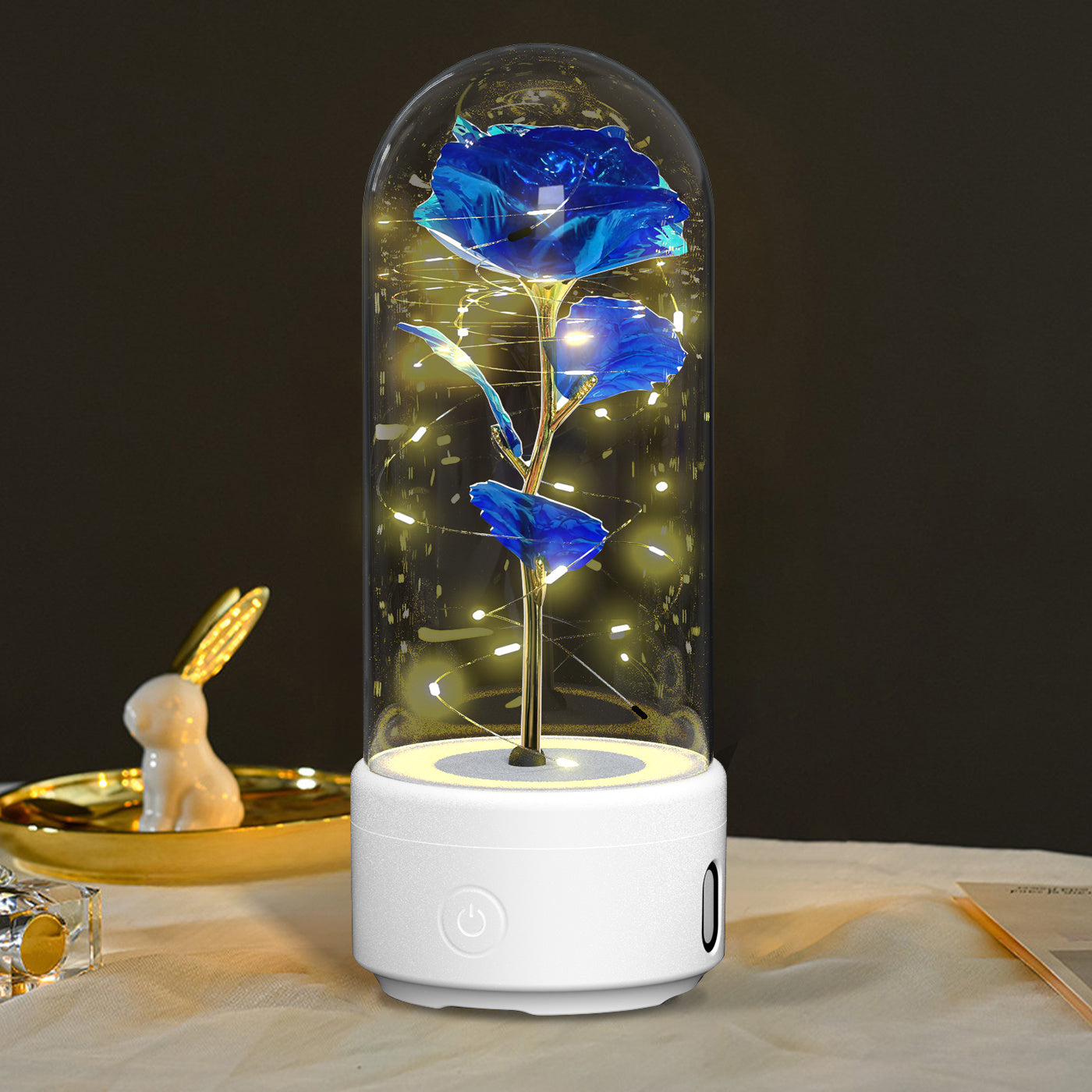 Creative 2 In 1 Rose Flowers LED Light And Bluetooth Speaker Valentine's Day Gift Rose Luminous Night Light Ornament In Glass Cover - Nyaabs