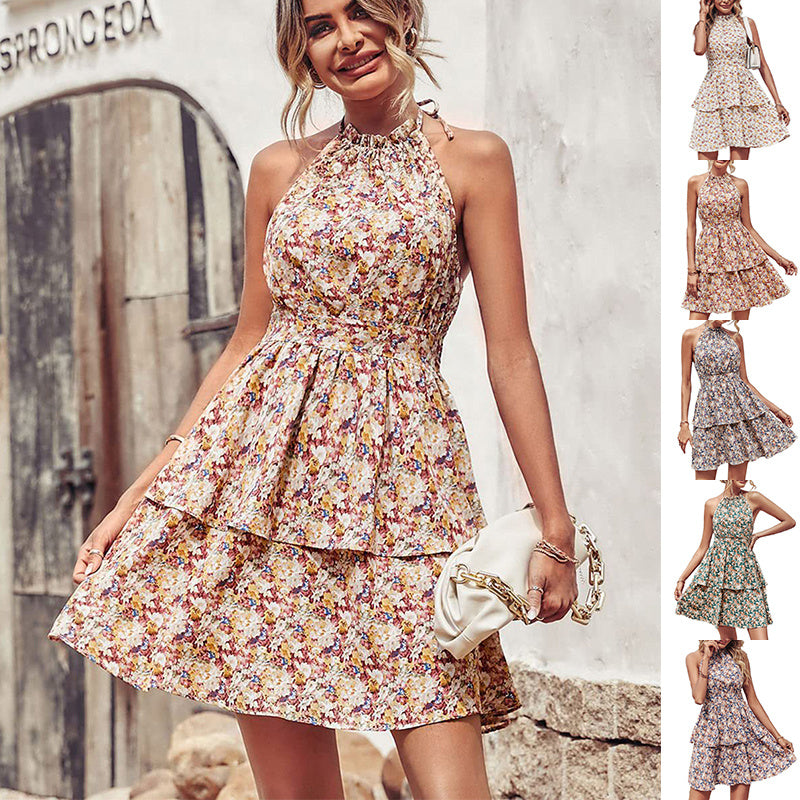 Summer Printed Halter Dress Fashion Boho Backless Ruffled A-Line Beach Dresses For Womens Clothing - Nyaabs