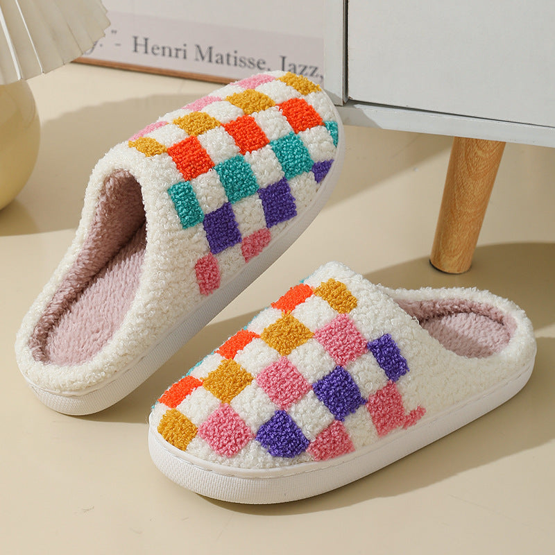 Fashion Colorful Checkerboard Home Slippers Couples Floor Bedroom Slipper Winter Warm Indoor House Shoes For Women And Men - Nyaabs