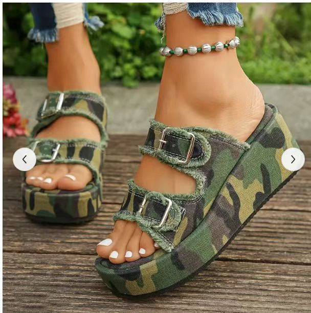 Fashion Denim Buckle Wedges Sandals Summer Outdoor High Heel Slippers Thick Bottom Camouflage Shoes For Women nyaabs.com