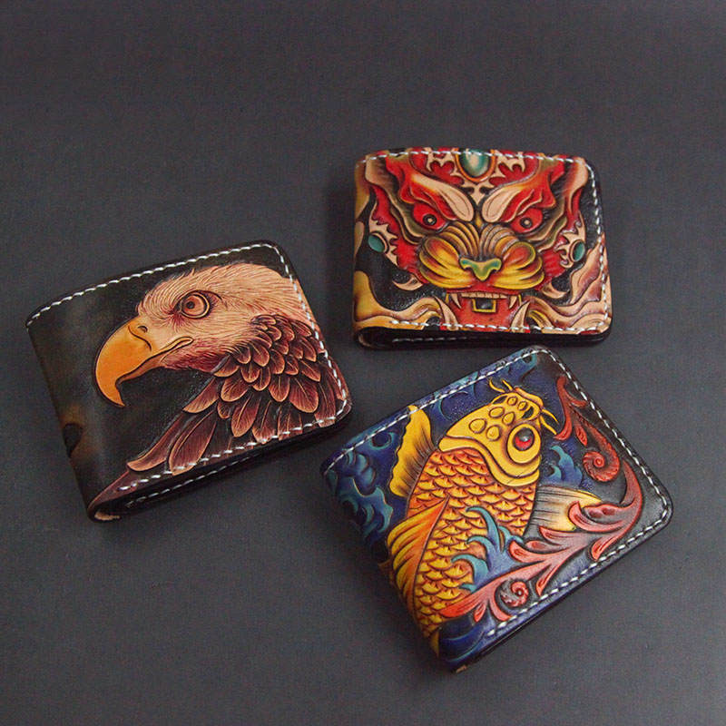 First Layer Cowhide Handmade Leather Carving Wallet Short Carp Couple Gift - Nyaabs