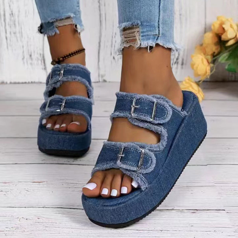 Fashion Denim Buckle Wedges Sandals Summer Outdoor High Heel Slippers Thick Bottom Camouflage Shoes For Women nyaabs.com