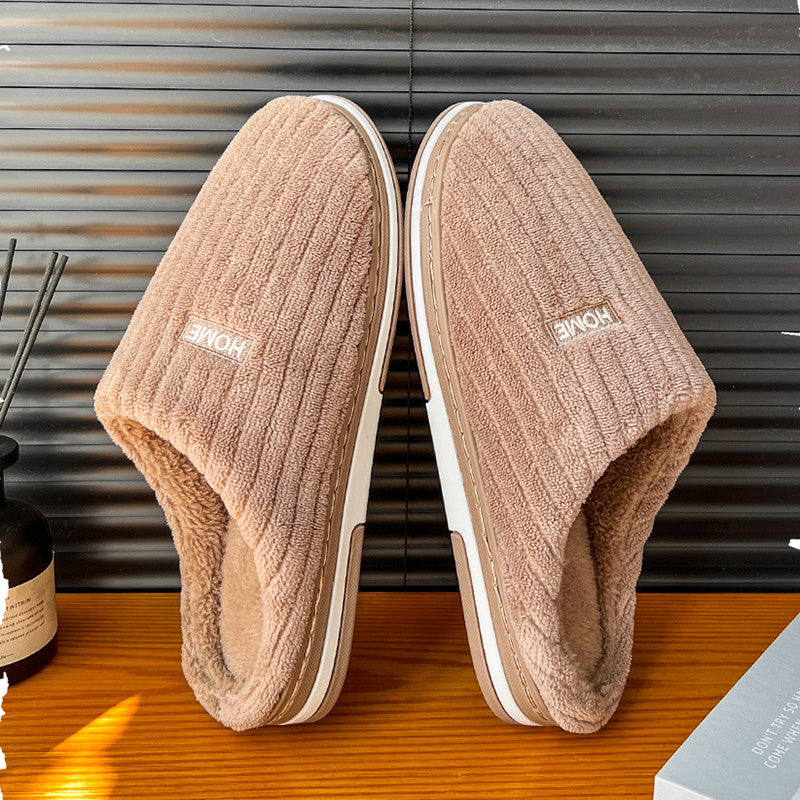 Solid Color Simple Cotton Slippers Winter Non-slip Home Warm Plush Slippers Household Indoor Couple Women's House Shoes - Nyaabs