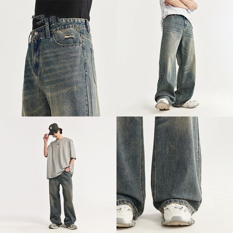 Retro Cat Beard Distressed Wide Leg Jeans Baggy Straight Trousers - Nyaabs