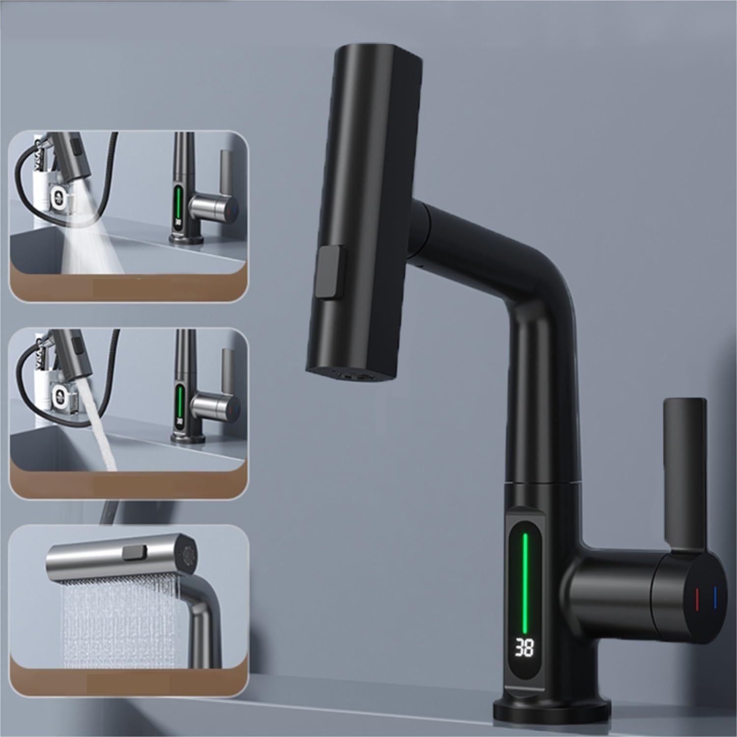 Intelligent Digital Display Faucet Pull-out Basin Faucet Temperature Digital Display Rotation nyaabs.com