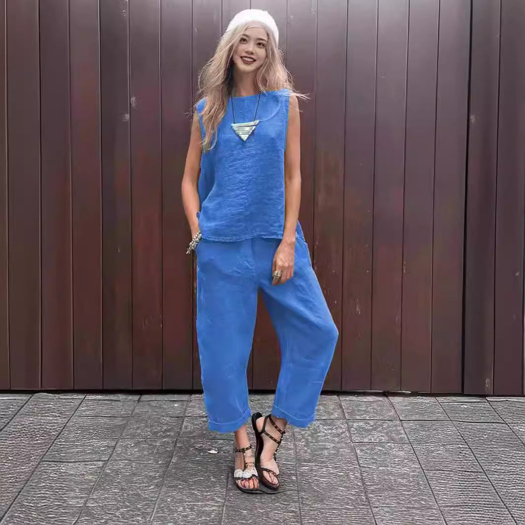 Cotton And Linen Fashion Casual Loose Two-piece Suit Sleeveless Top Loose Trousers Women's Suit nyaabs.com