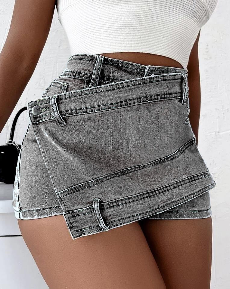 Y2K Street Vintage Denim Shorts Stretch Overlap Waist Wrap Solid Asymmetrical Hem A-Line Skinny Mini Skorts Skirt - Nyaabs