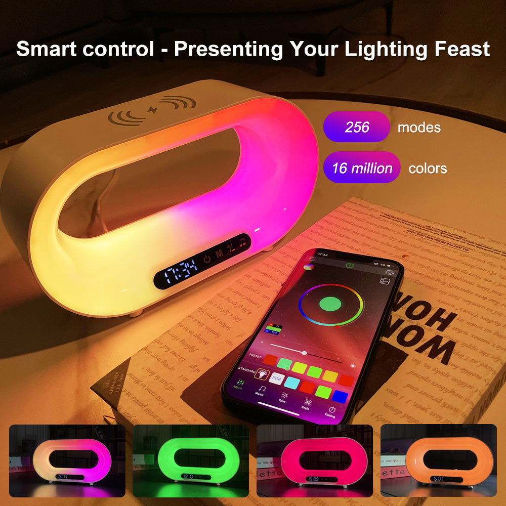 Multi-function 3 In 1 LED Night Light APP Control RGB Atmosphere Desk Lamp Smart Multifunctional Wireless Charger Alarm Clock nyaabs.com