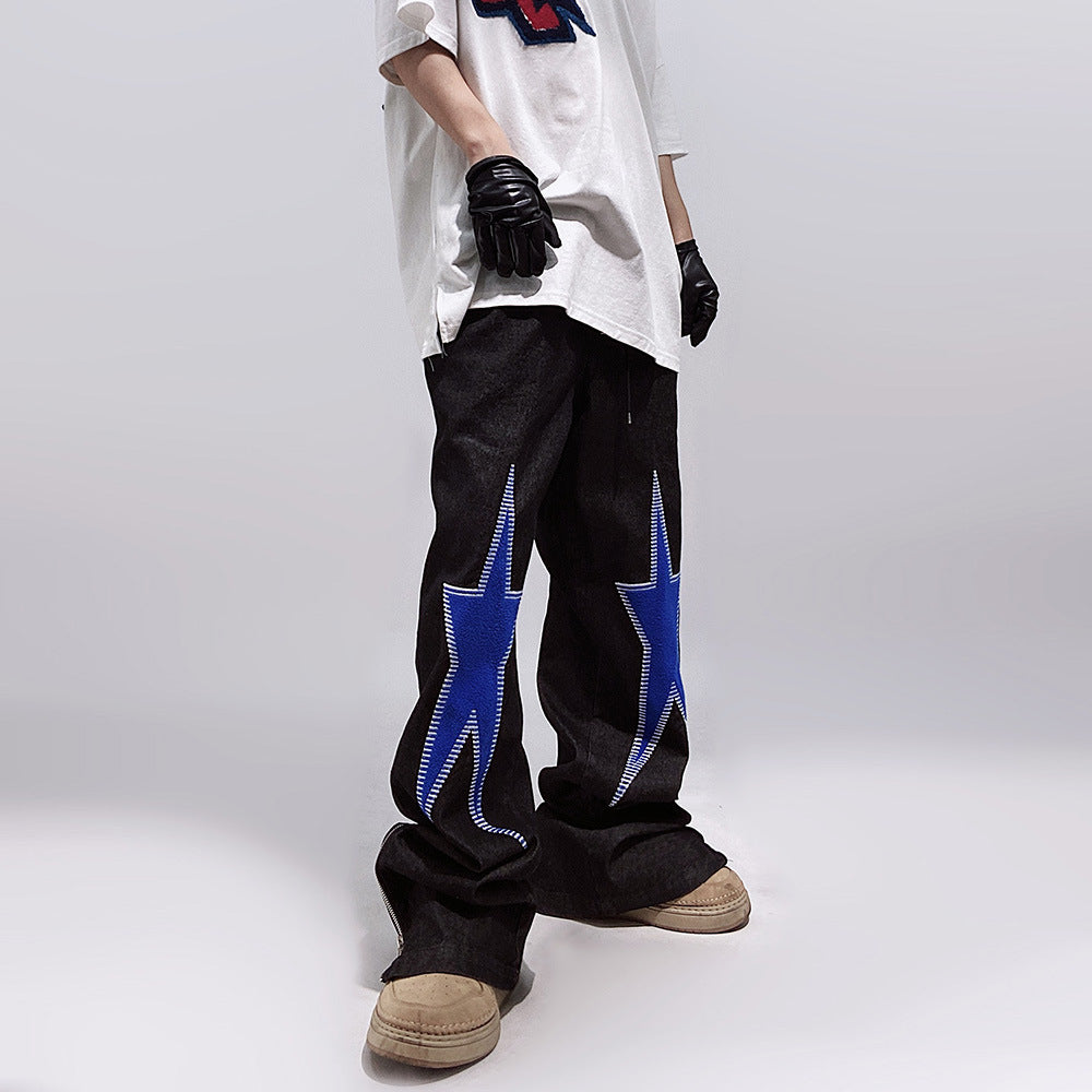 Five-pointed Star Embroidery Denim Horn Loose Straight Casual All-match Mop Trousers Men - Nyaabs