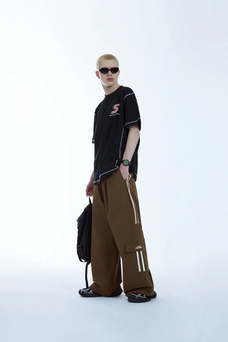 Men's Clothing Cut Side Stripe Wide-leg Pants Trendy Brand New Retro Color Contrast Patchwork Casual Wide-leg Pants - Nyaabs