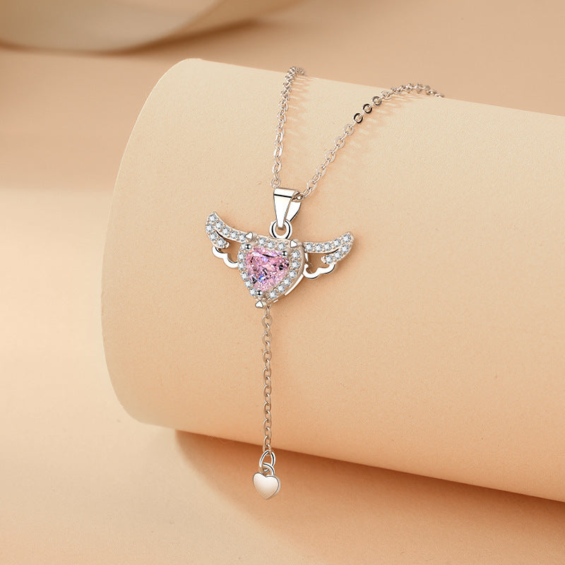 Moving Cupid Heart Angel Wings Tassel Necklace With Crystal Clavicle Chain Women Jewelry Gift Valentine's Day - Nyaabs