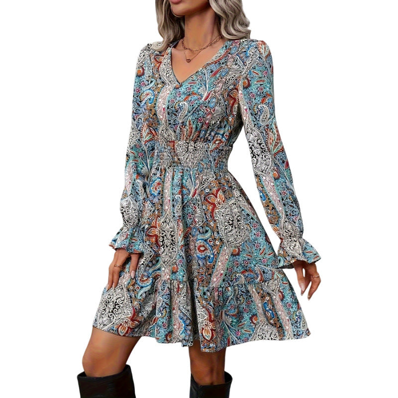 Women's Casual Printed V-neck Long Sleeved Dress nyaabs.com