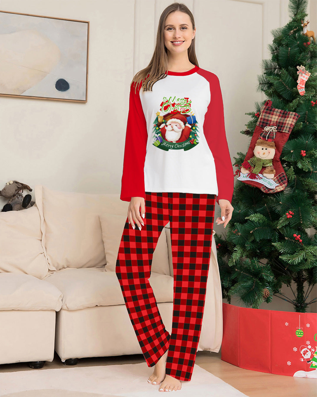 Christmas Parent-Child Clothes Set Long Sleeve T-Shirt Plaid Pants Family Matching Pajamas - Nyaabs