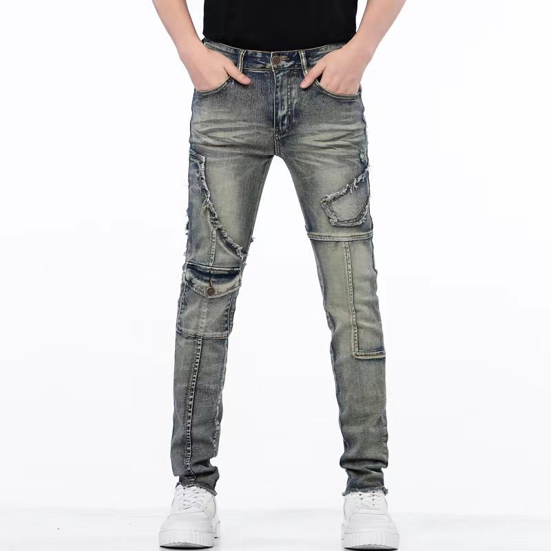 Distressed Raw Hem Ripped Stitching Stretch Denim Trousers - Nyaabs