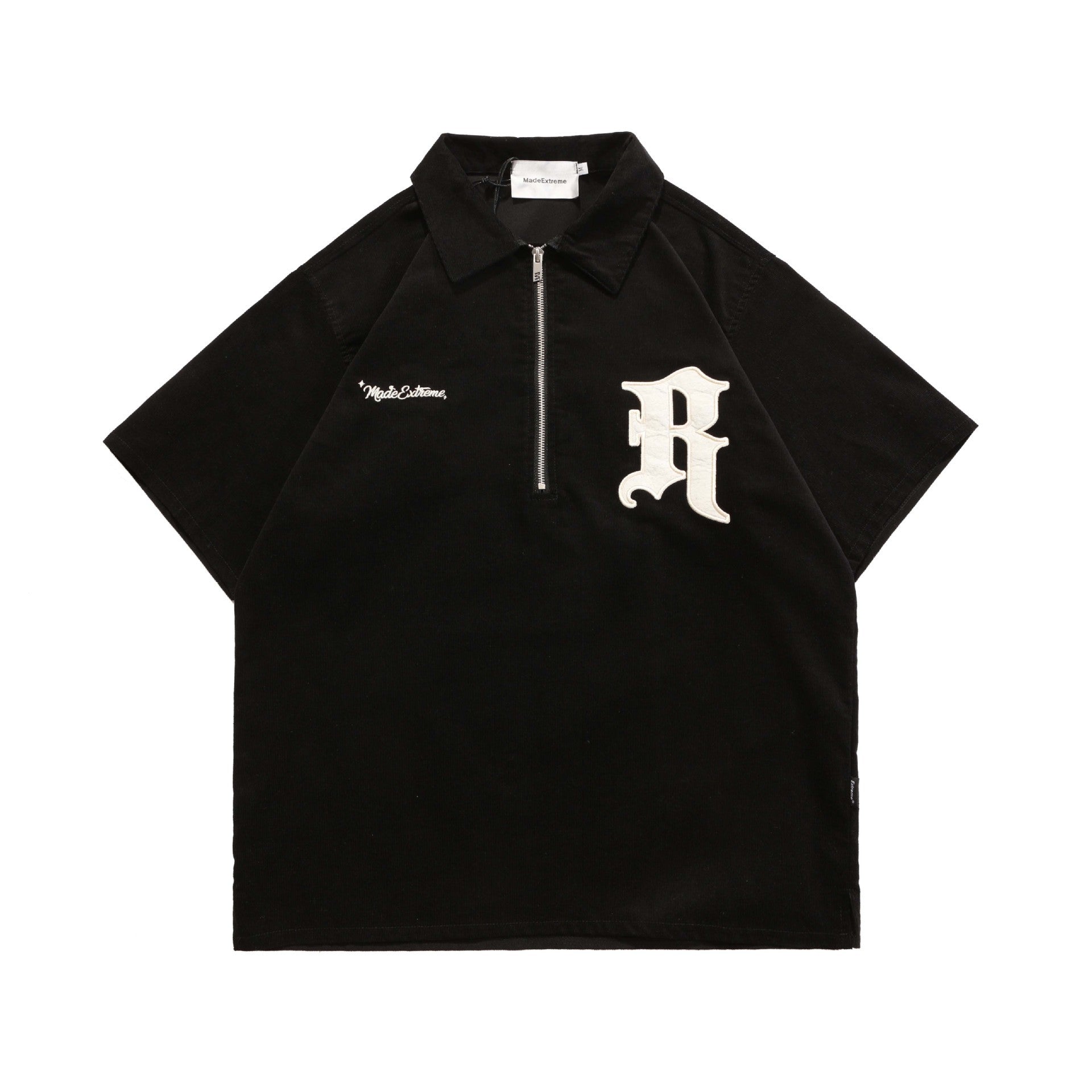 Street Retro Half Sleeve Corduroy Half Zip Letters - Nyaabs