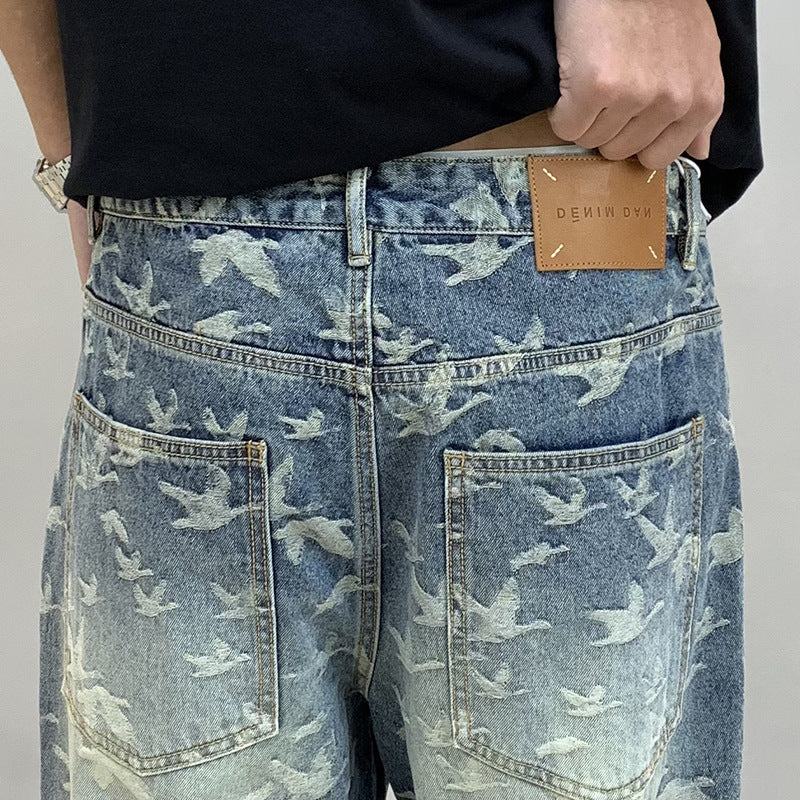 Men's Personalized Bird Jacquard Embroidery Denim Straight-leg Pants - Nyaabs