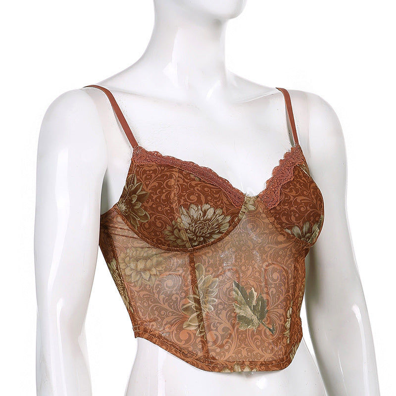 Bohemian Niche Printed Mesh Brown Underwear Spaghetti-strap Slip - Nyaabs