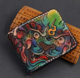 First Layer Cowhide Handmade Leather Carving Wallet Short Carp Couple Gift - Nyaabs