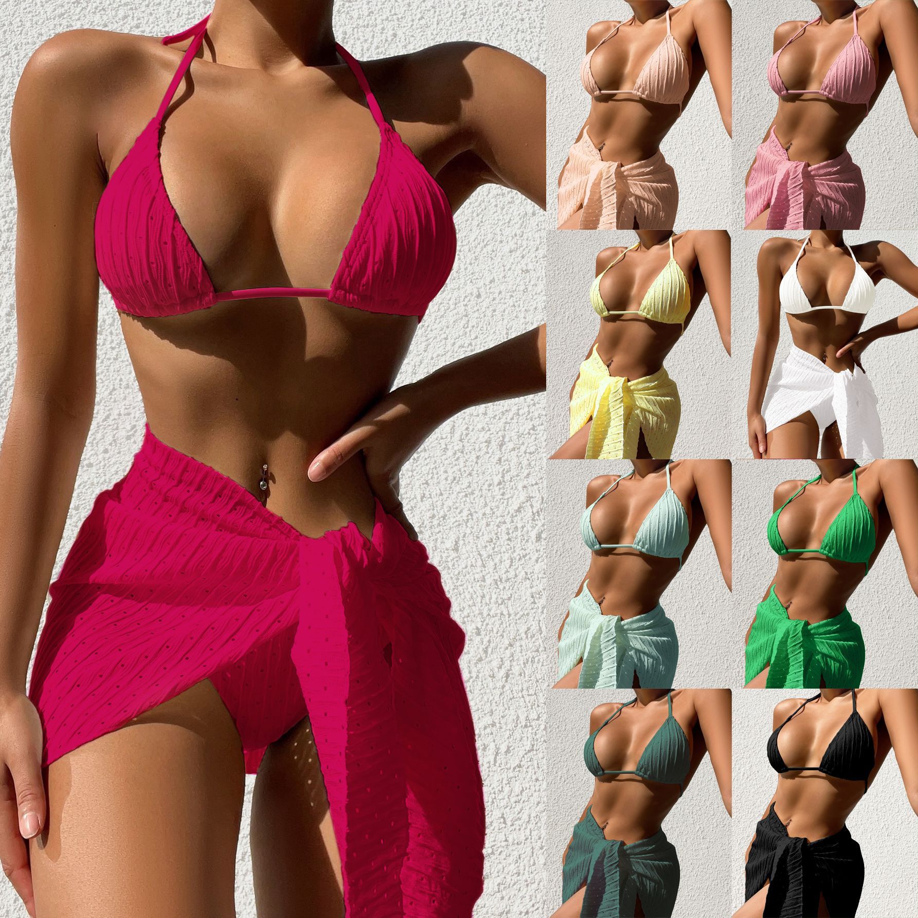 3pcs Halterneck Swimsuit Set Beach Solid Color Sexy Backless Bikini With Mesh Skirt Summer Womens Clothing - Nyaabs