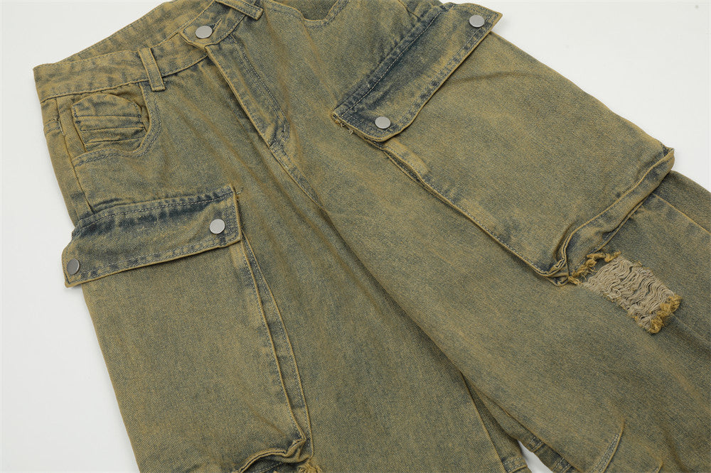 Make Old Ripped Cargo Jeans Men's Dyeing - Nyaabs