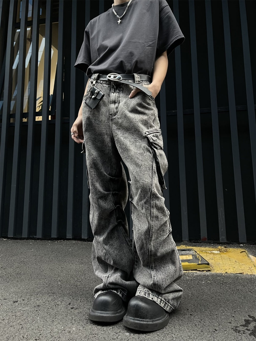 Pleated Workwear With Pocket Jeans Loose-fitting Wide-leg Trousers - Nyaabs