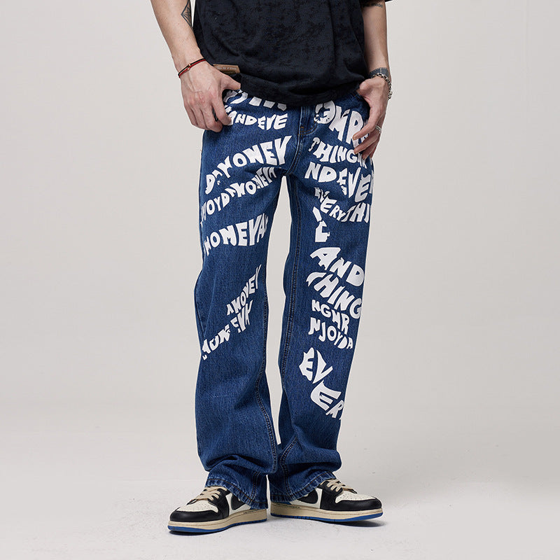 Men's Loose Blue Non-elastic Draggle-tail Straight Trousers - Nyaabs