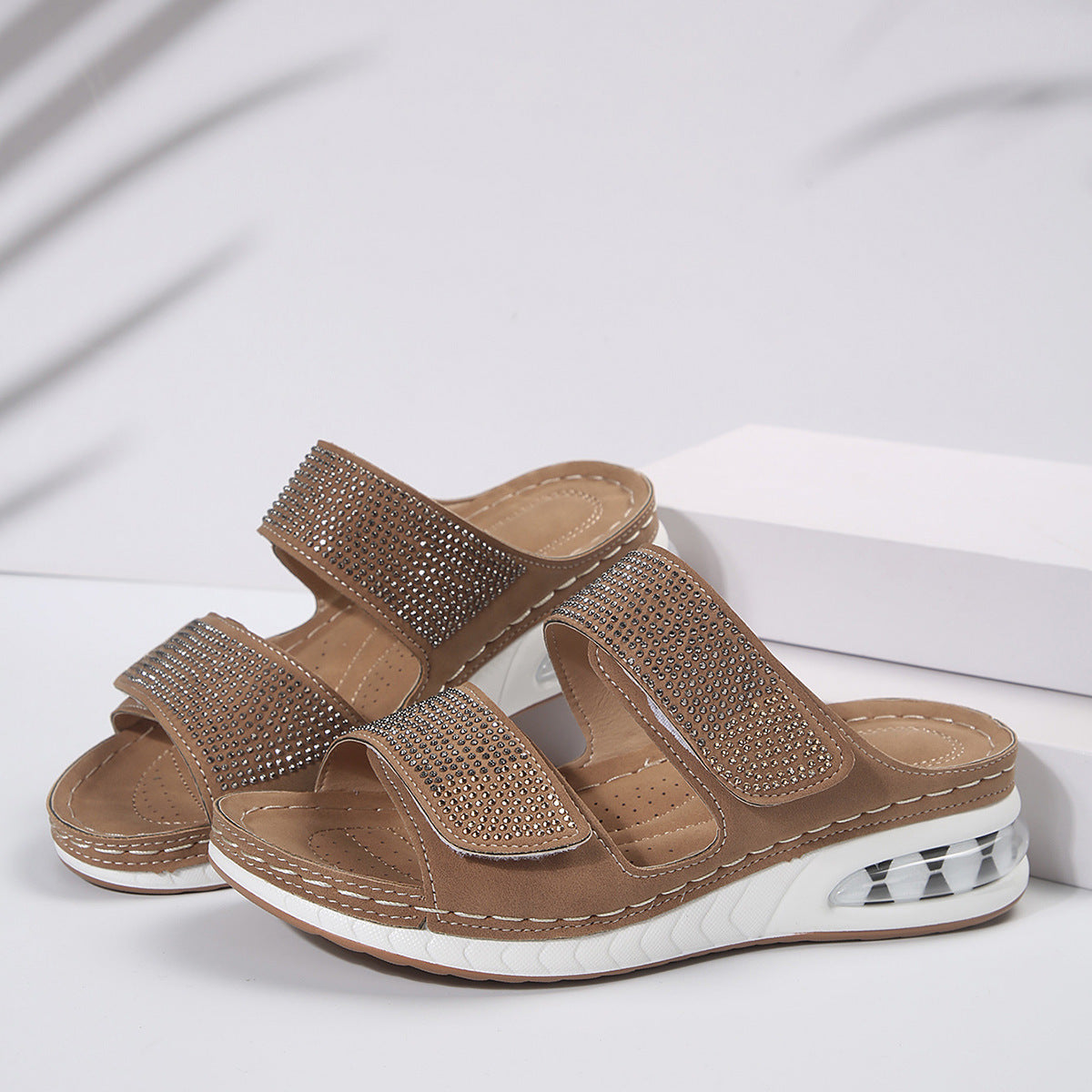 New Air Cushion Wedges Sandals Summer Casual Rhinestone Slides Roman Sandals For Women Non-slip Beach Shoes - Nyaabs