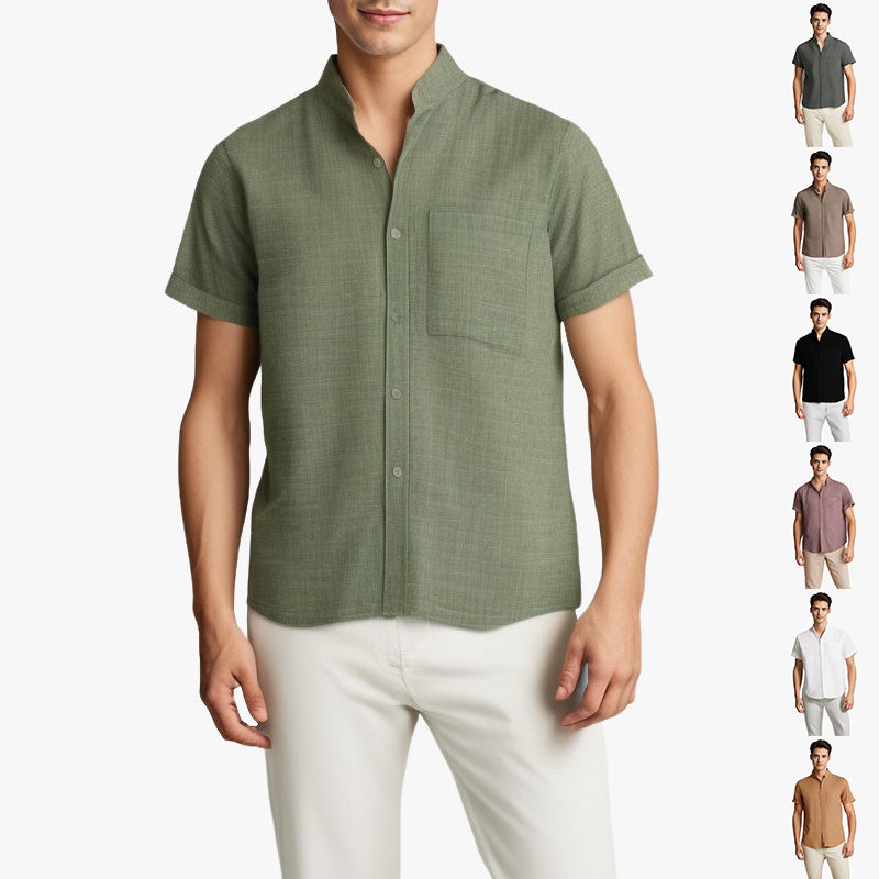 Solid-color Short-sleeved Lapel Shirt Summer Breathable Cotton And Linen Top Mens Clothing - Nyaabs