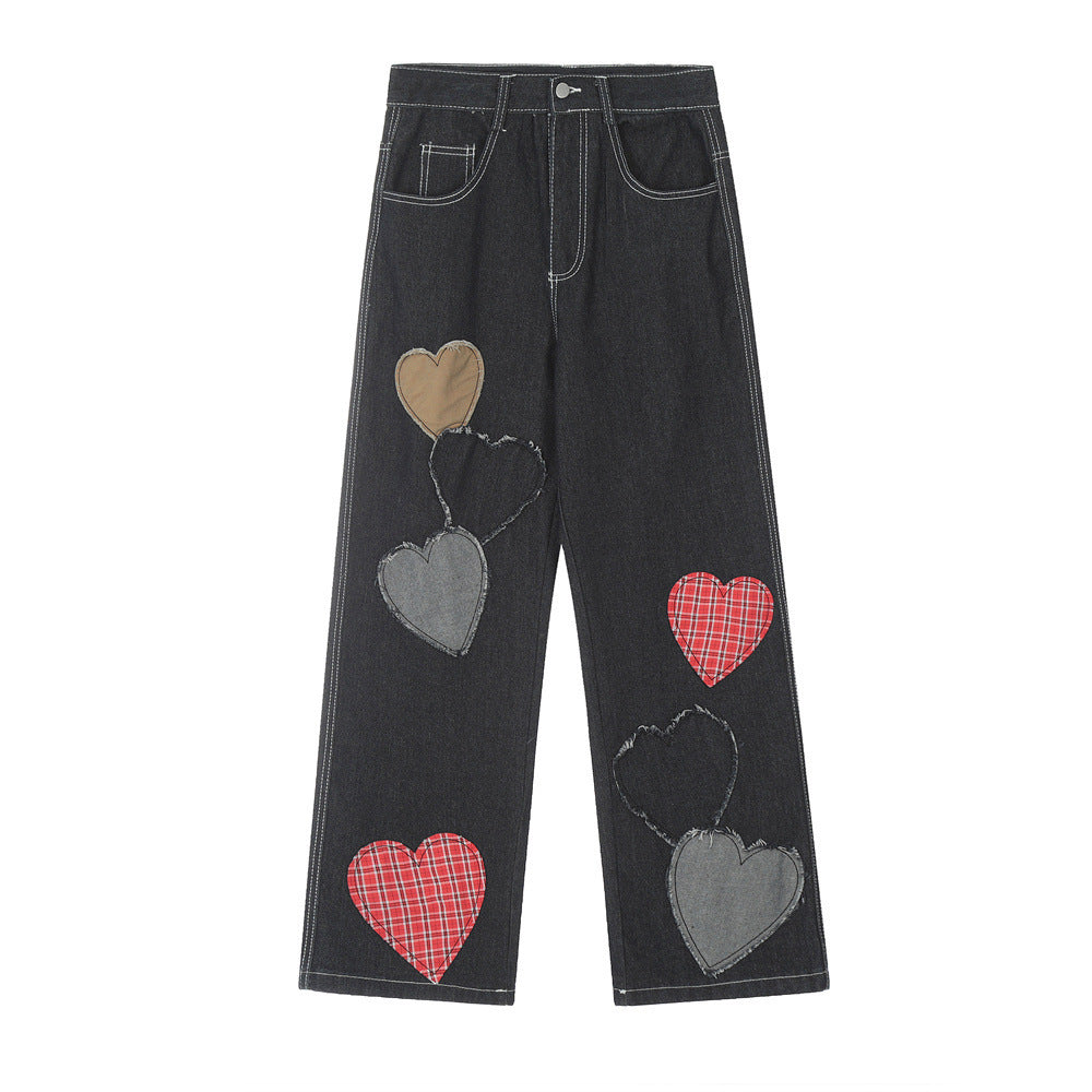 Contrast Color Love Patch Denim Straight-leg Trousers Men - Nyaabs