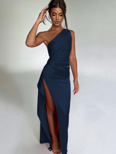 Sexy One-shoulder Backless Split Dress Summer Elegant Slim-fit Solid Color Satin Dresses For Women - Nyaabs