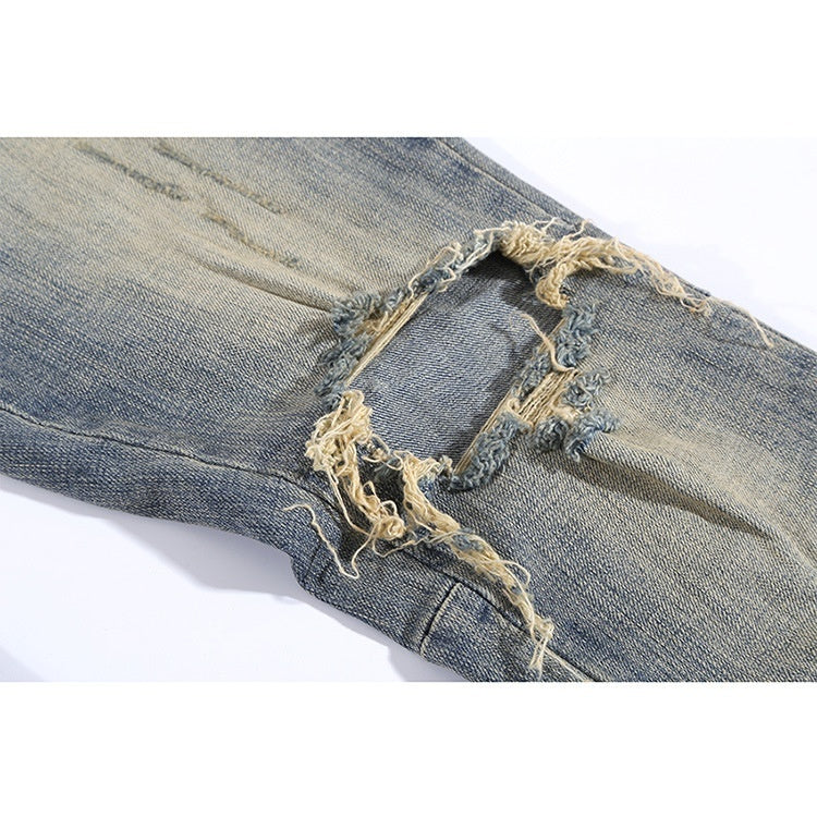 Ripped Washed Elastic Mid-waist Denim Trousers - Nyaabs