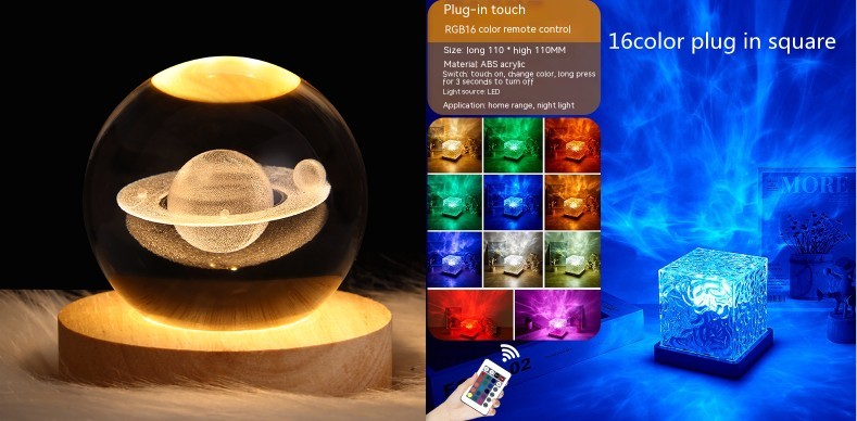 LED Water Ripple Ambient Night Light USB Rotating Projection Crystal Table Lamp RGB Dimmable Home Decoration 16 Color Gifts - Nyaabs