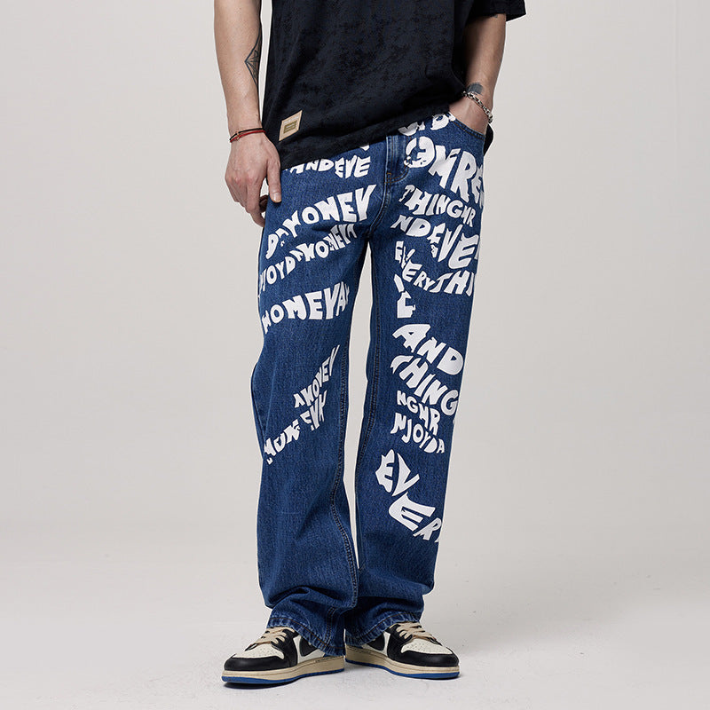 Men's Loose Blue Non-elastic Draggle-tail Straight Trousers - Nyaabs