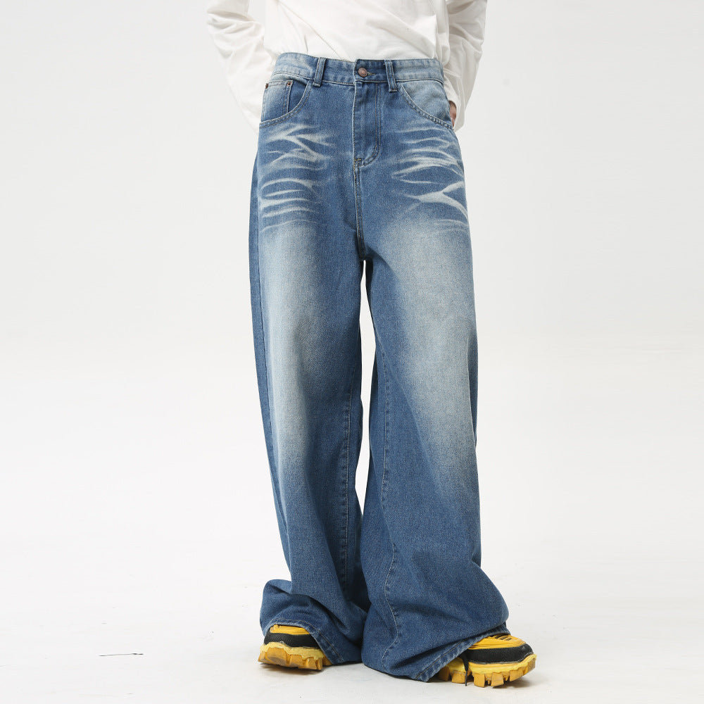 Maychao Washed Crease Vintage Draping Wide Leg Jeans - Nyaabs