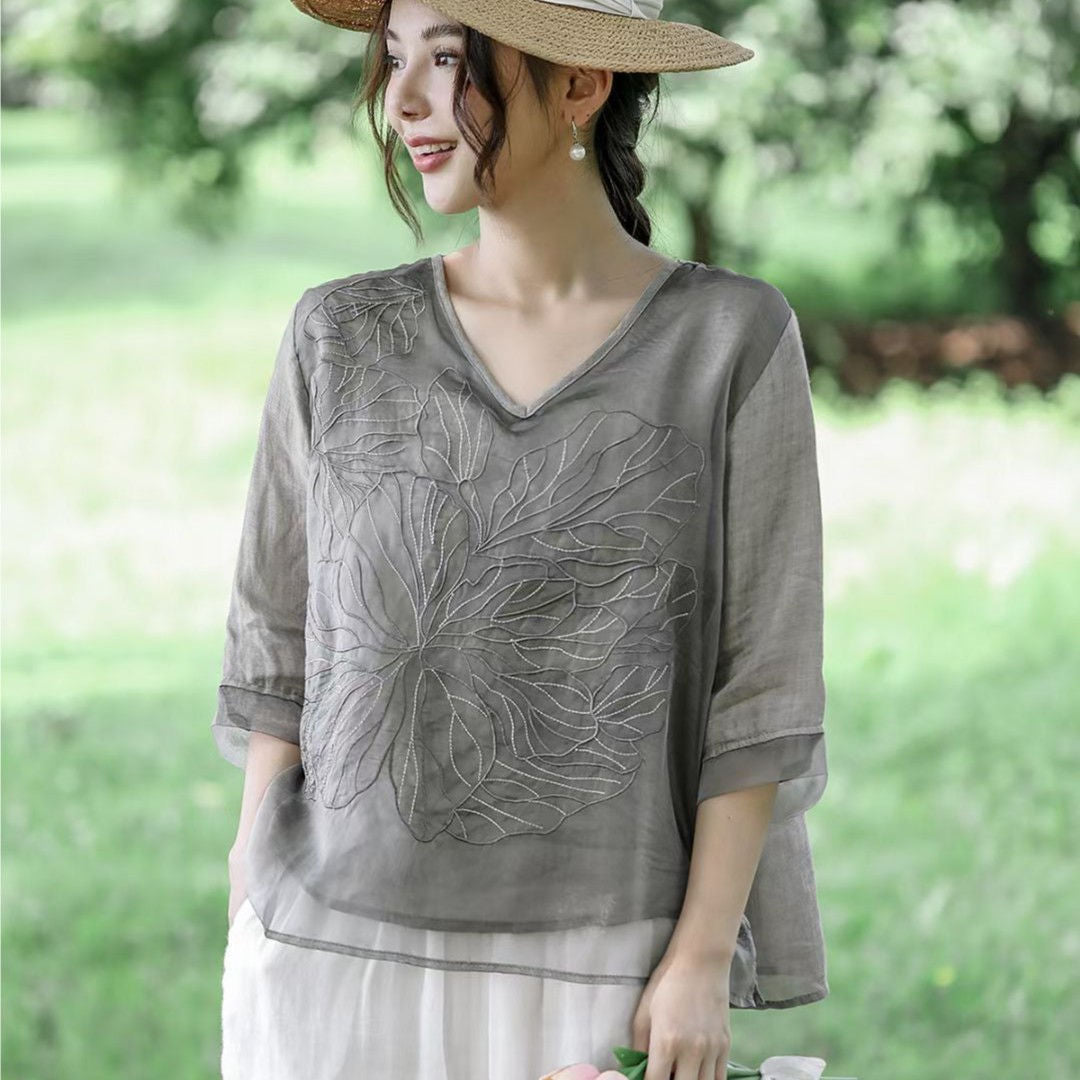 Machine Embroidery Cotton And Linen Shirt For Women nyaabs.com