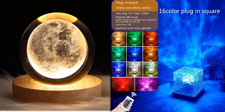 LED Water Ripple Ambient Night Light USB Rotating Projection Crystal Table Lamp RGB Dimmable Home Decoration 16 Color Gifts - Nyaabs