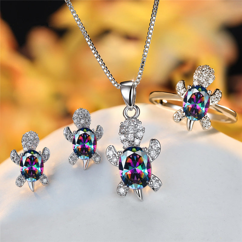 Fashion Oval Zircon Pendant Turtle Shape Necklaces With Rainbow Stone Multicolor Animal Necklace Jewelry For Woman And Children - Nyaabs