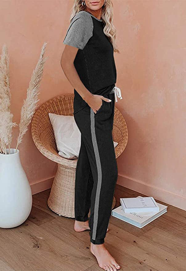 Solid Color Stitching Fashion Round Neck Short Sleeves Casual Suit - Nyaabs