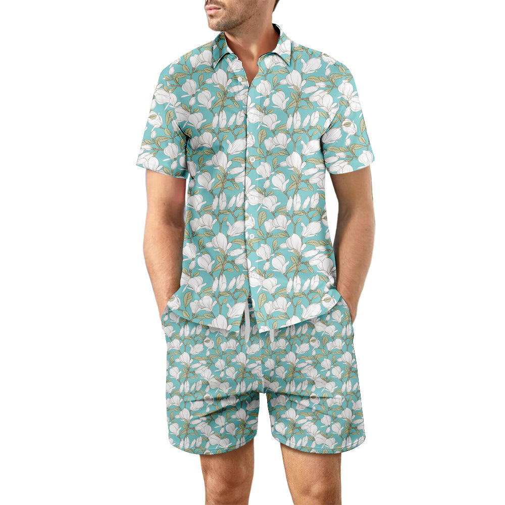 2Pcs Printed Beach Shirt Summer Suit Loose Lapel Button Top And Drawstring Pockets Shorts Casual Short Sleeve Suits For Men Clothing - Nyaabs