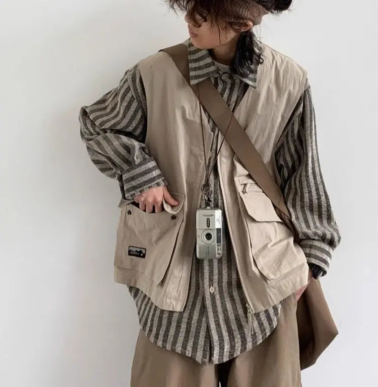 Japanese-style Retro Striped Fake Two Pieces Vest Workwear Shirt Plus Overalls Suit Men's Casual Simple - Nyaabs