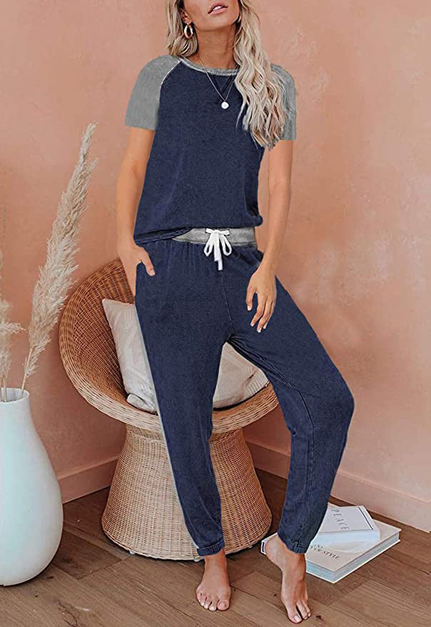 Solid Color Stitching Fashion Round Neck Short Sleeves Casual Suit - Nyaabs