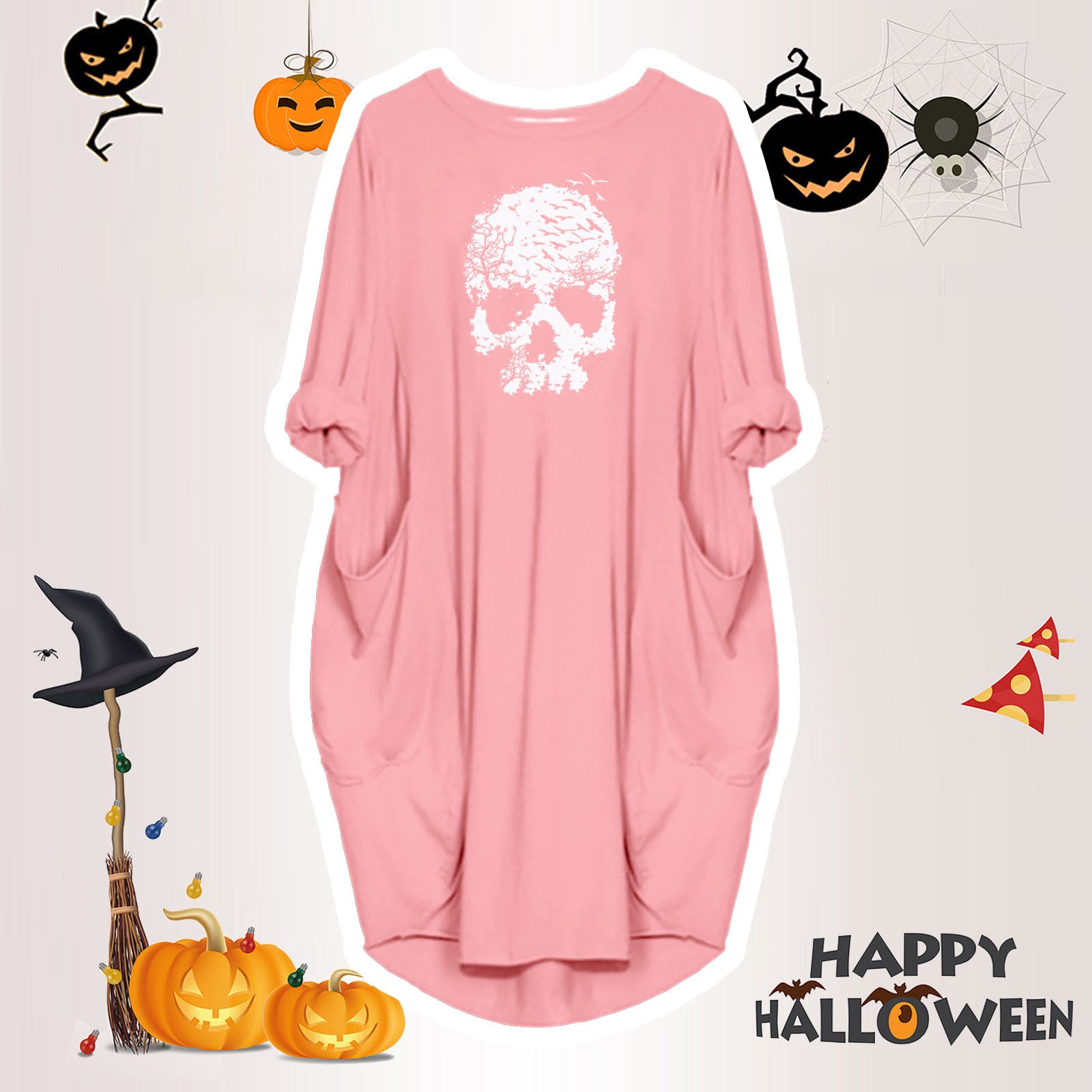 Women's Halloween Loose Fun Graphic Print Crew Neck Dress nyaabs.com