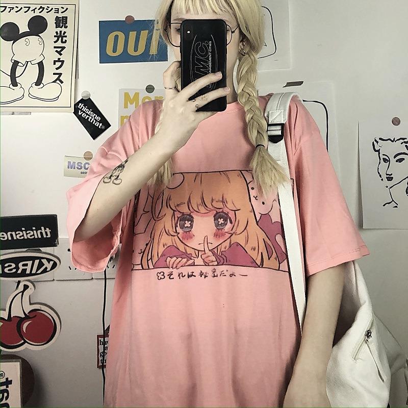 Korean Version Ins Retro Childlike Cartoon Printed Loose T-shirt White Top Half Sleeve - Nyaabs