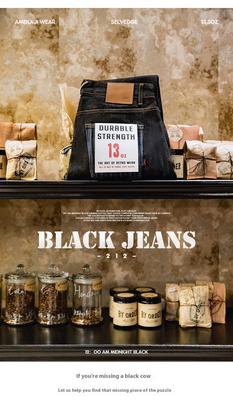 Workwear American Retro Black Denim Jeans Straight Red Ear Original Cow Color Trousers - Nyaabs