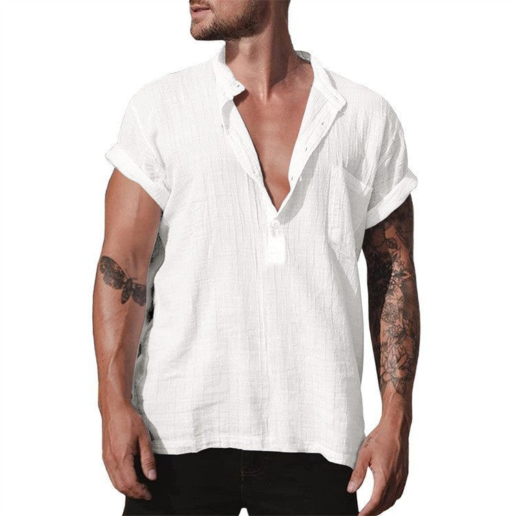 Loose Stand Neck Solid Color Pocket Short Sleeve Shirt My Store