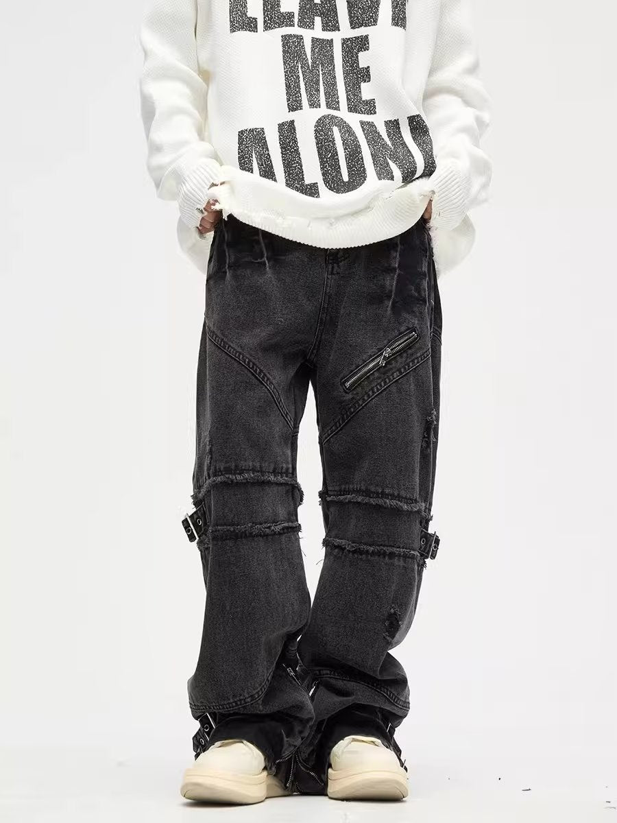 Lace-up Zipper Jeans Vintage Distressed Straight Loose Pants - Nyaabs